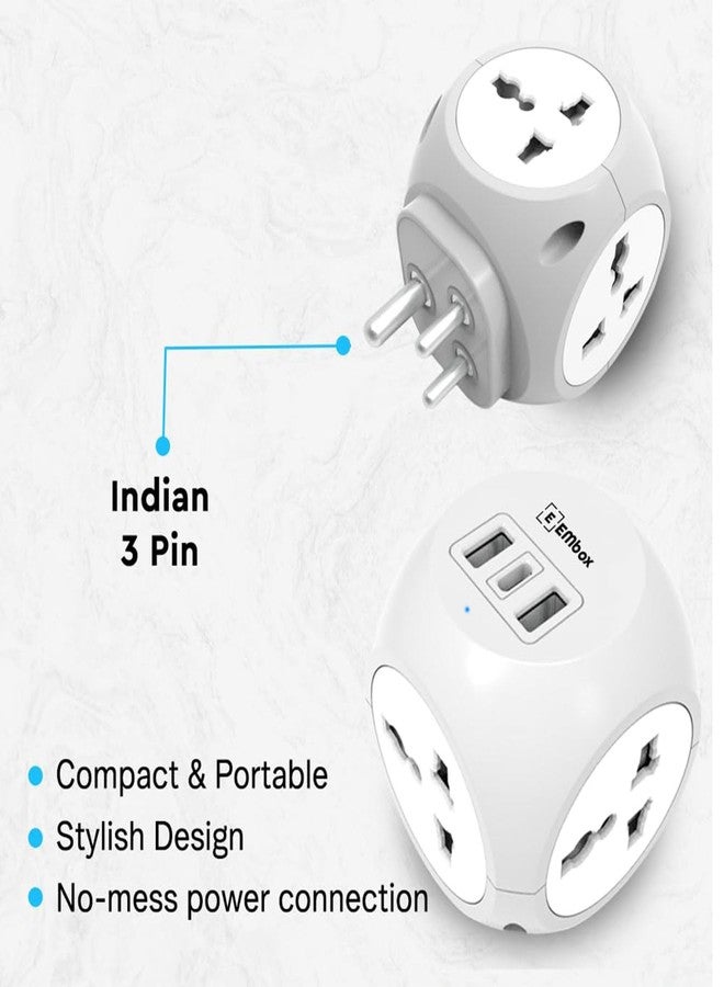 EMBOX محول متعدد المنافذ من إمبوكس مزود بمنافذ USB من النوع C (QC 3.0) ومقابس عالمية ومؤشر LED، وغطاء أمان، ووصلة تمديد مقبس ثلاثي الأطراف، رمادي - Image 4